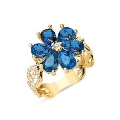 Lacivert avec Pierres Fleur Or Bague