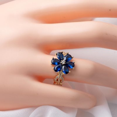 Lacivert avec Pierres Fleur Or Bague - 14K - 3.53g - EZ Gold