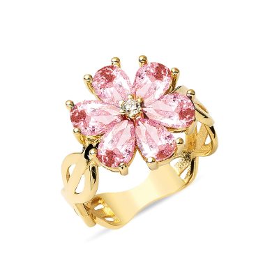 Pink with Stones Flower Gold Ring