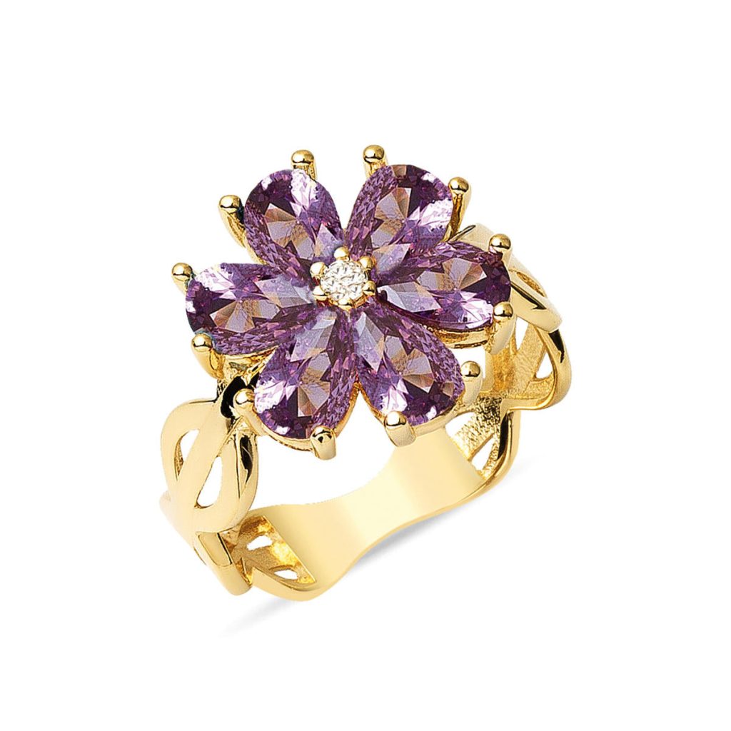 Violet avec Pierres Fleur Or Bague