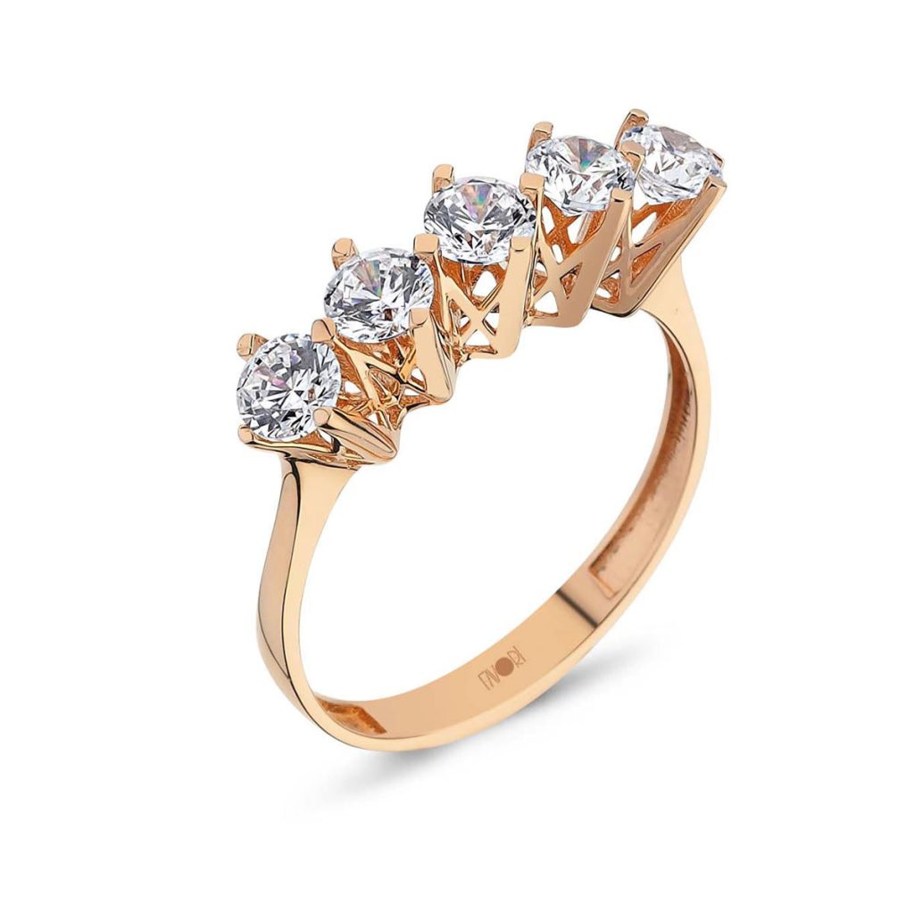 Cinq Pierres 14 Carats Rose Or Bague