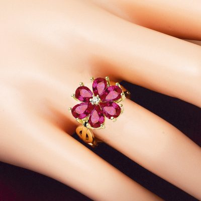 Kırmızı Taşlı Çiçek Altın Yüzük - 14K - 3.29g - EZ Gold