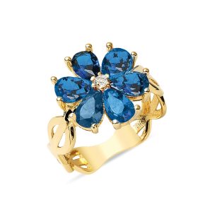 Lacivert with Stones Flower Gold Ring