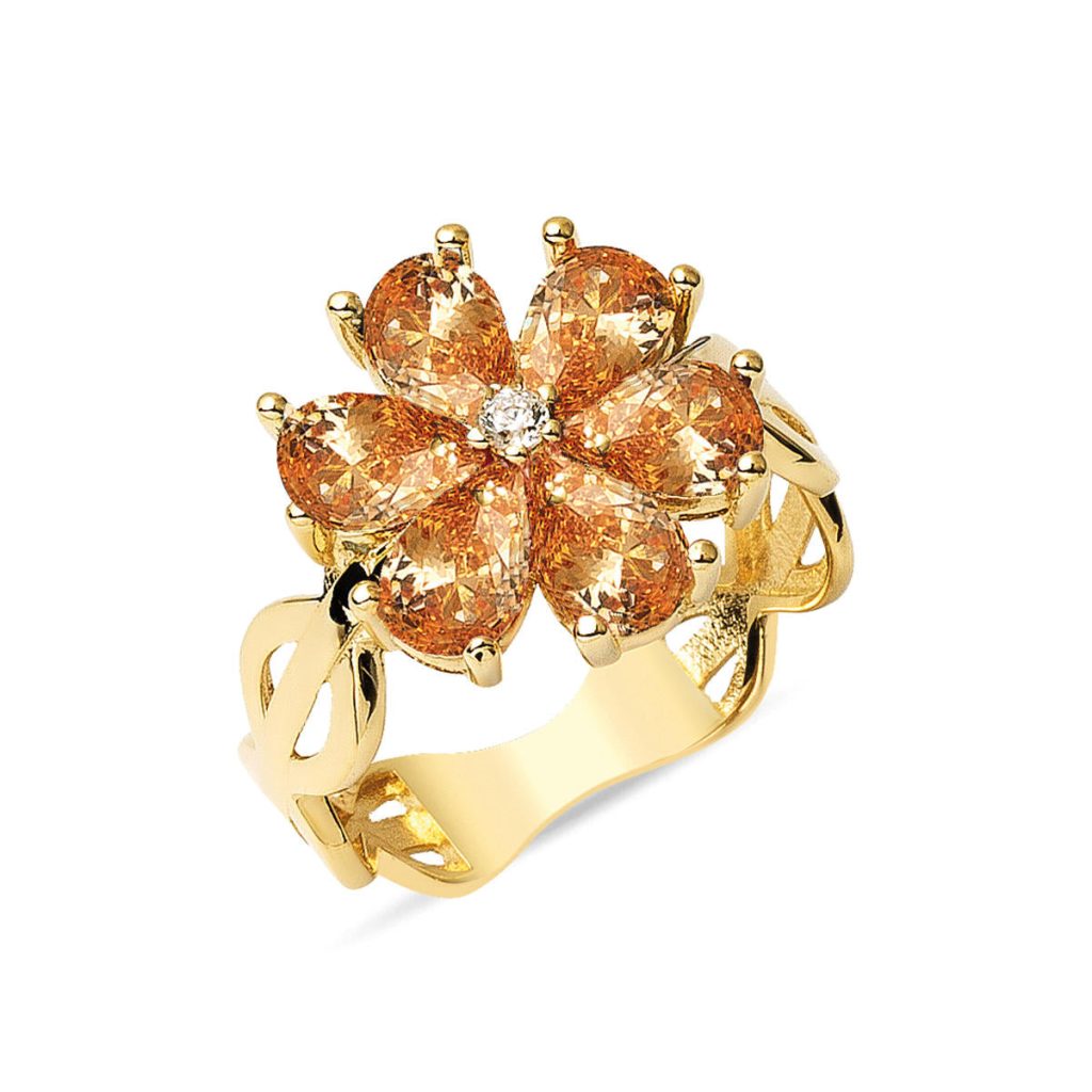 Kahverengi with Stones Flower Gold Ring