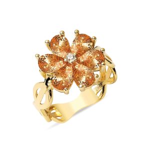 Kahverengi with Stones Flower Gold Ring