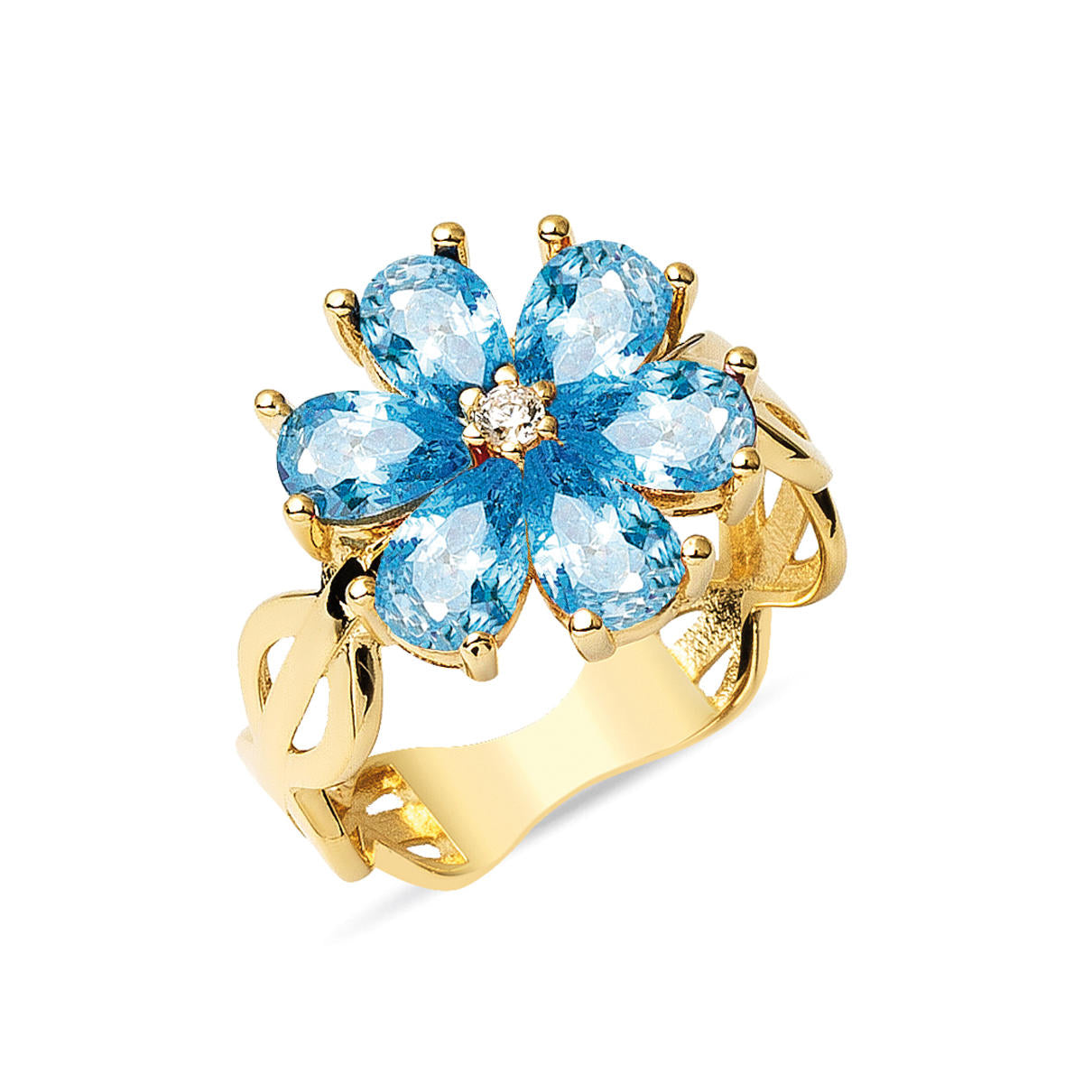 Bleu avec Pierres Fleur Or Bague