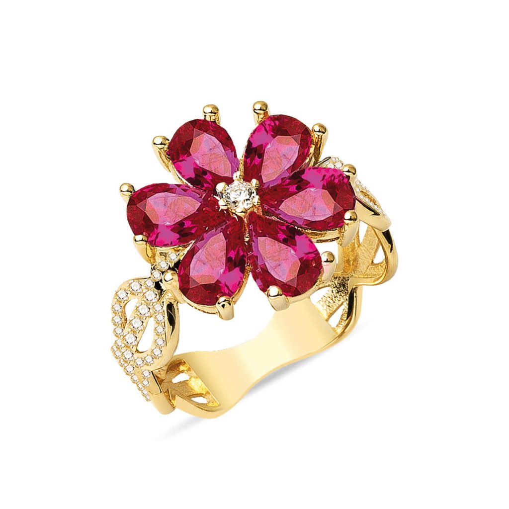 Red with Stones Flower Gold Ring