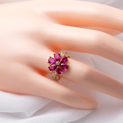 Kırmızı Taşlı Çiçek Altın Yüzük - 14K - 4.11g - EZ Gold