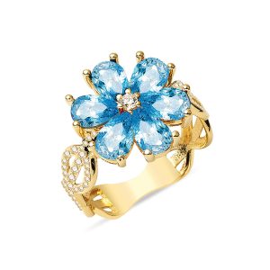 Blue with Stones Flower Gold Ring