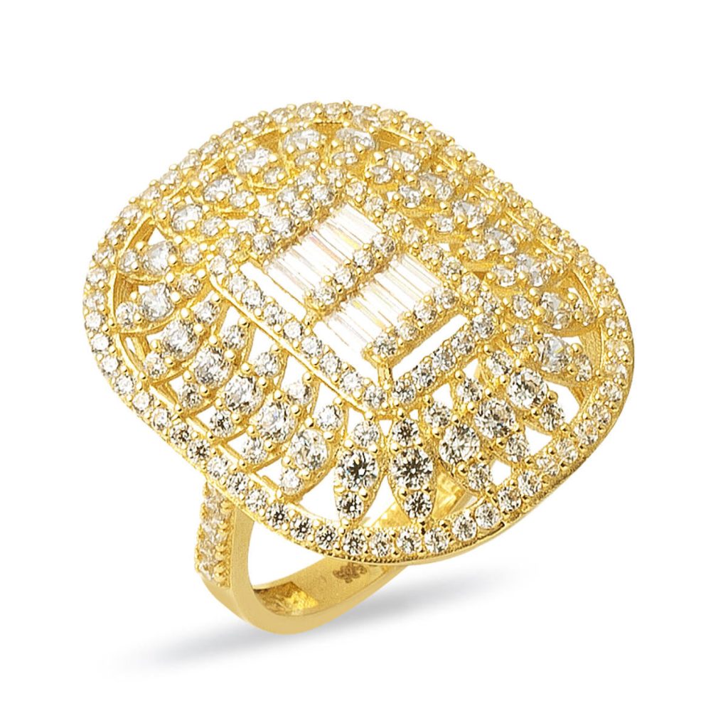 Kraliçe Baguette with Stones Gold Ring