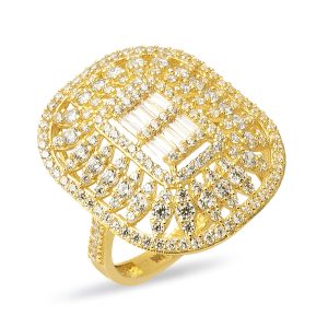 Kraliçe Baguette with Stones Gold Ring