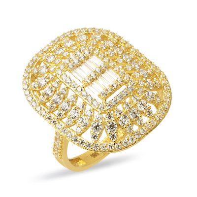 Kraliçe Baguette with Stones Gold Ring