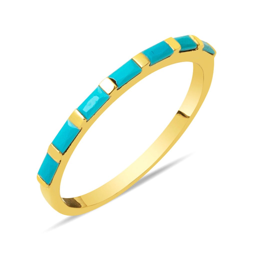 14 Karat Firuze Baguette Rowtaşlı Gold Ring