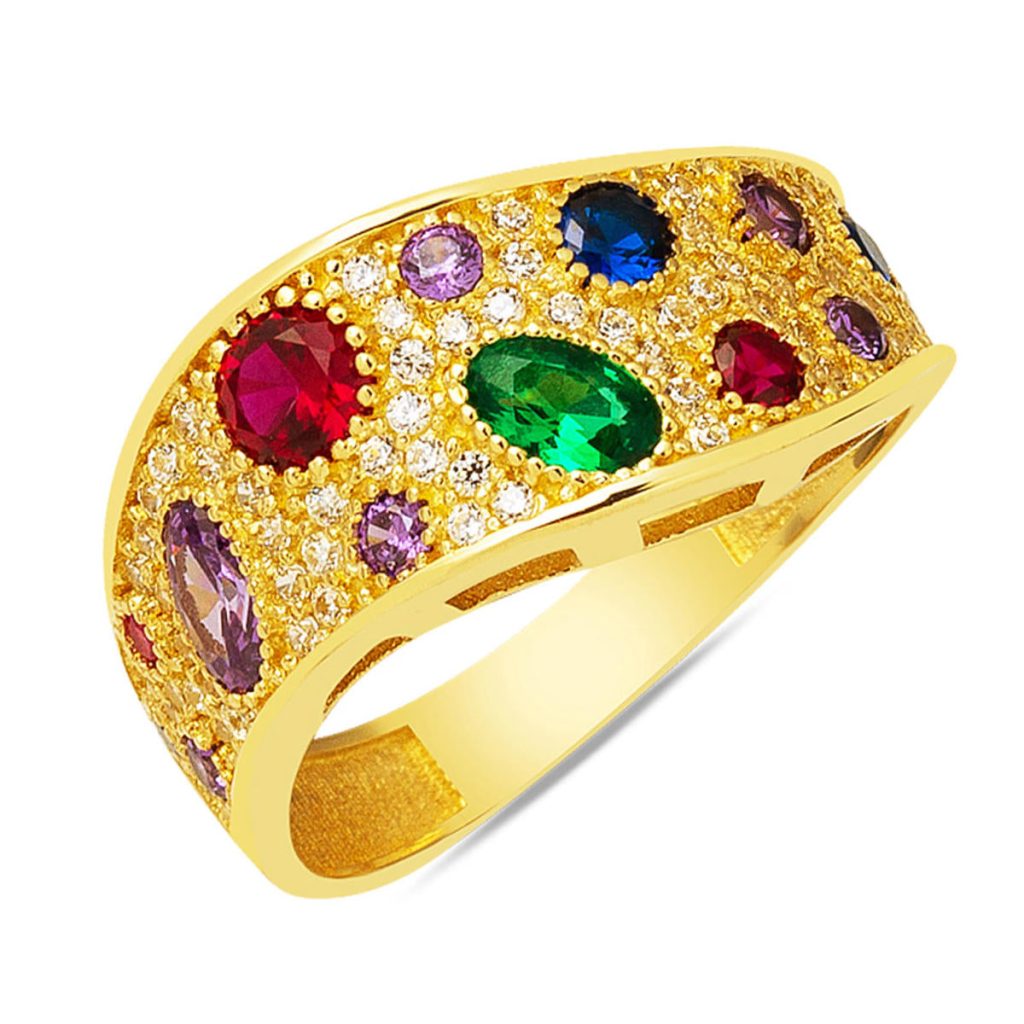 Coloré avec Pierres Design 14 Carats Or Bague