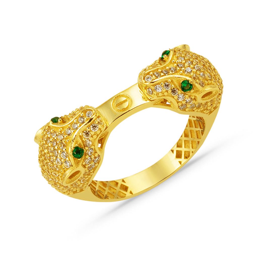 with Stones Çift Başlı Puma 14 Karat Gold Ring