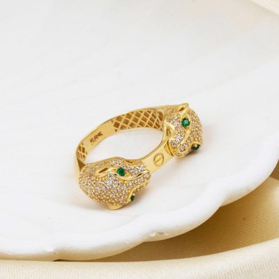 Taşlı Çift Başlı Puma 14 Ayar Altın Yüzük - 14K - 4.87g - EZ Gold