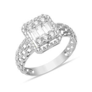 Parçalı Baguette with Stones 14 Karat White Gold Ring