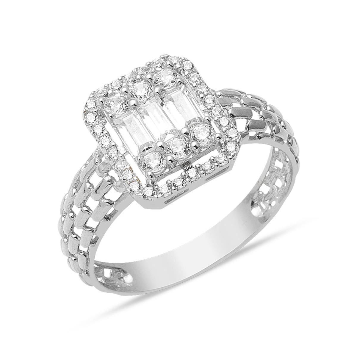 Parçalı Baguette with Stones 14 Karat White Gold Ring