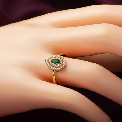 Yeşil Damla Taşlı Altın Yüzük - 14K - 2.28g - EZ Gold