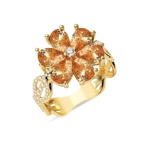 Kahverengi with Stones Flower Gold Ring