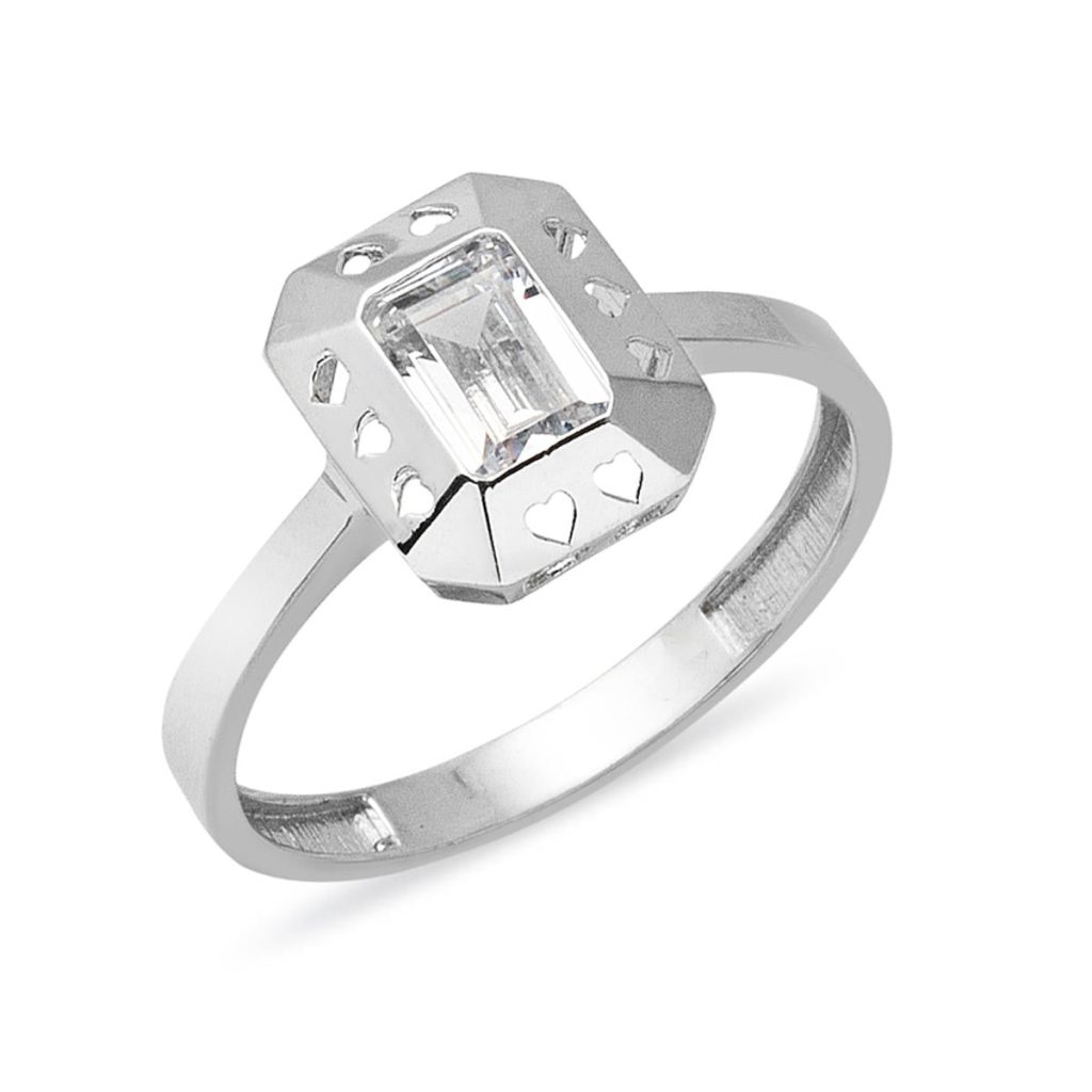 Baguette with Stones with Heart White Gold Ring