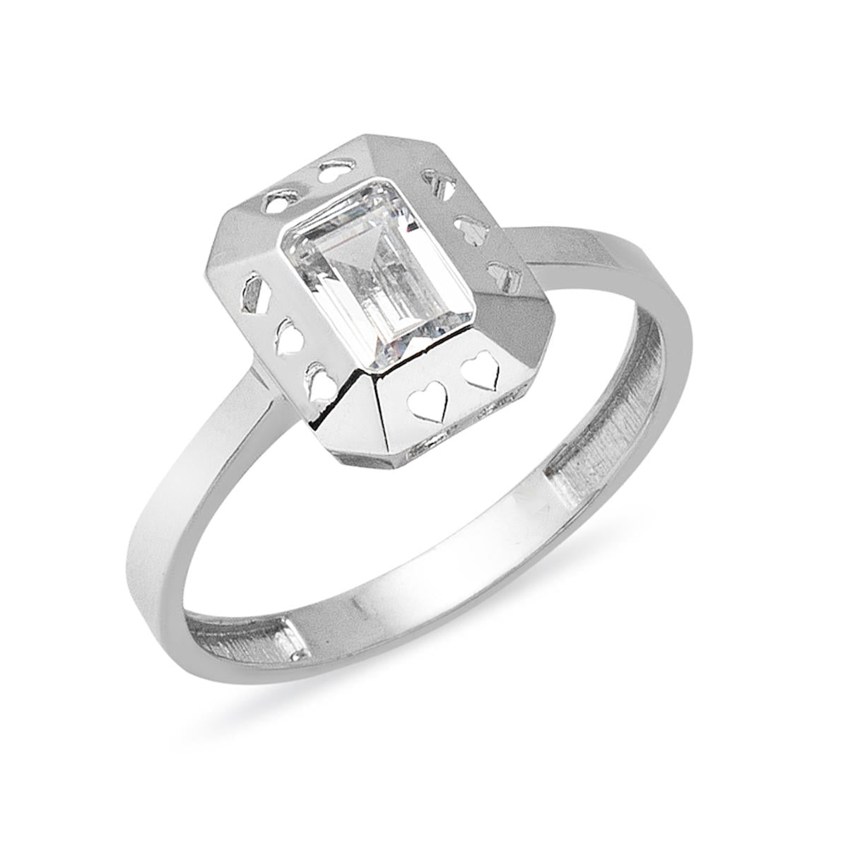 Baguette with Stones with Heart White Gold Ring