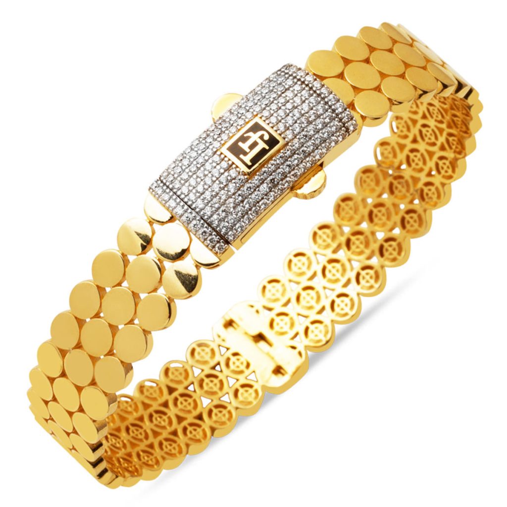 14 Karat with Stones Round Desenli Cuff Bangle Gold