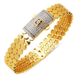 14 Karat with Stones Round Desenli Cuff Bangle Gold