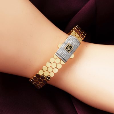 14 Ayar Taşlı Yuvarlak Desenli Kelepçe Bilezik Altın - 14K - 22g - EZ Gold
