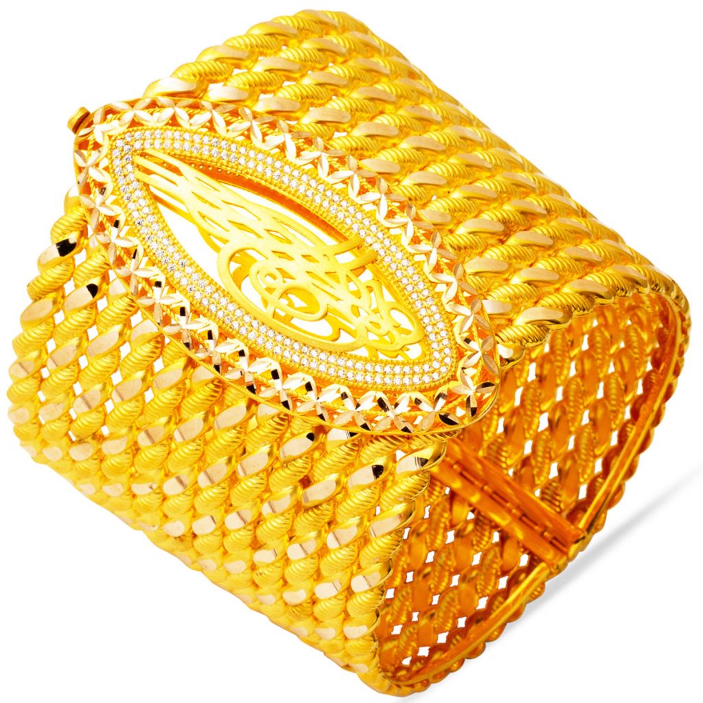 Large Tughra Twistedlı Kilitli Gold Bangle