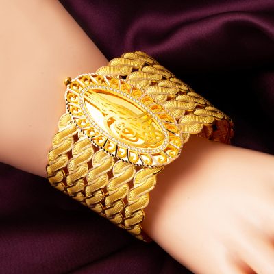 Saç Tressésü Torsadée avec Monogramme Manchette Or Bracelet - 14K - 49.15g - EZ Gold