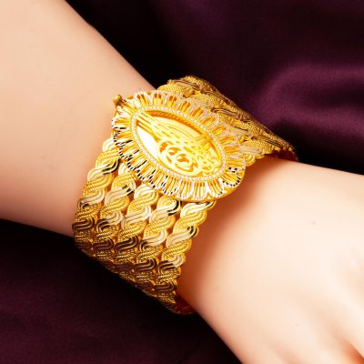 Trabzon Wovenlü Osmanlı with Monogram Cuff Gold Bracelet - 14K - 35.5g - EZ Gold