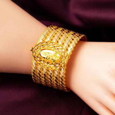 Plain 3’lü Twistedlı with Monogram Gold Cuff Bracelet - 14K - 32g - EZ Gold
