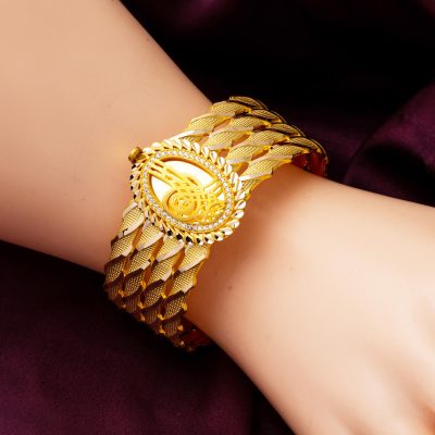Tasarım Tuğralı Kesik Burma Altın Kelepçe Bilezik - 14K - 23.26g - EZ Gold
