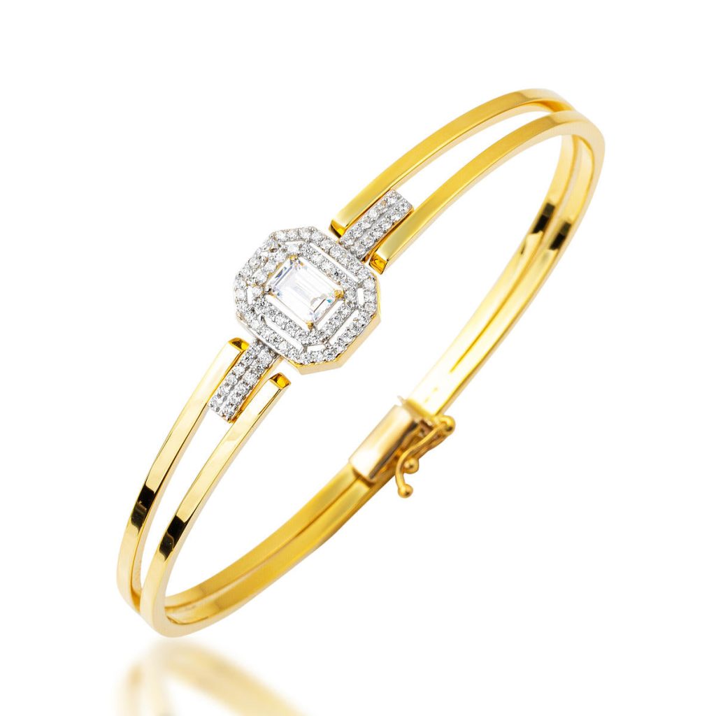 Baguette with Stones 14 Karat Gold Cuff Bangle