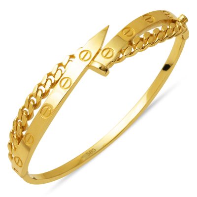 with Screws Curb Design Gold 14K Cuff Bracelet