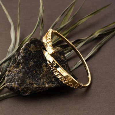 with Screws Curb Design Gold 14K Cuff Bracelet - 14K - 11g - EZ Gold