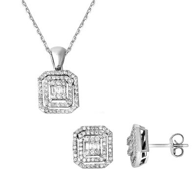 0,67 Karat Baguette Diamantlı Collier Boucle d'oreilleli Set